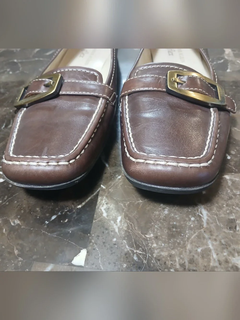 Anne Klein Brown Leather Loafers with Brass Buckle